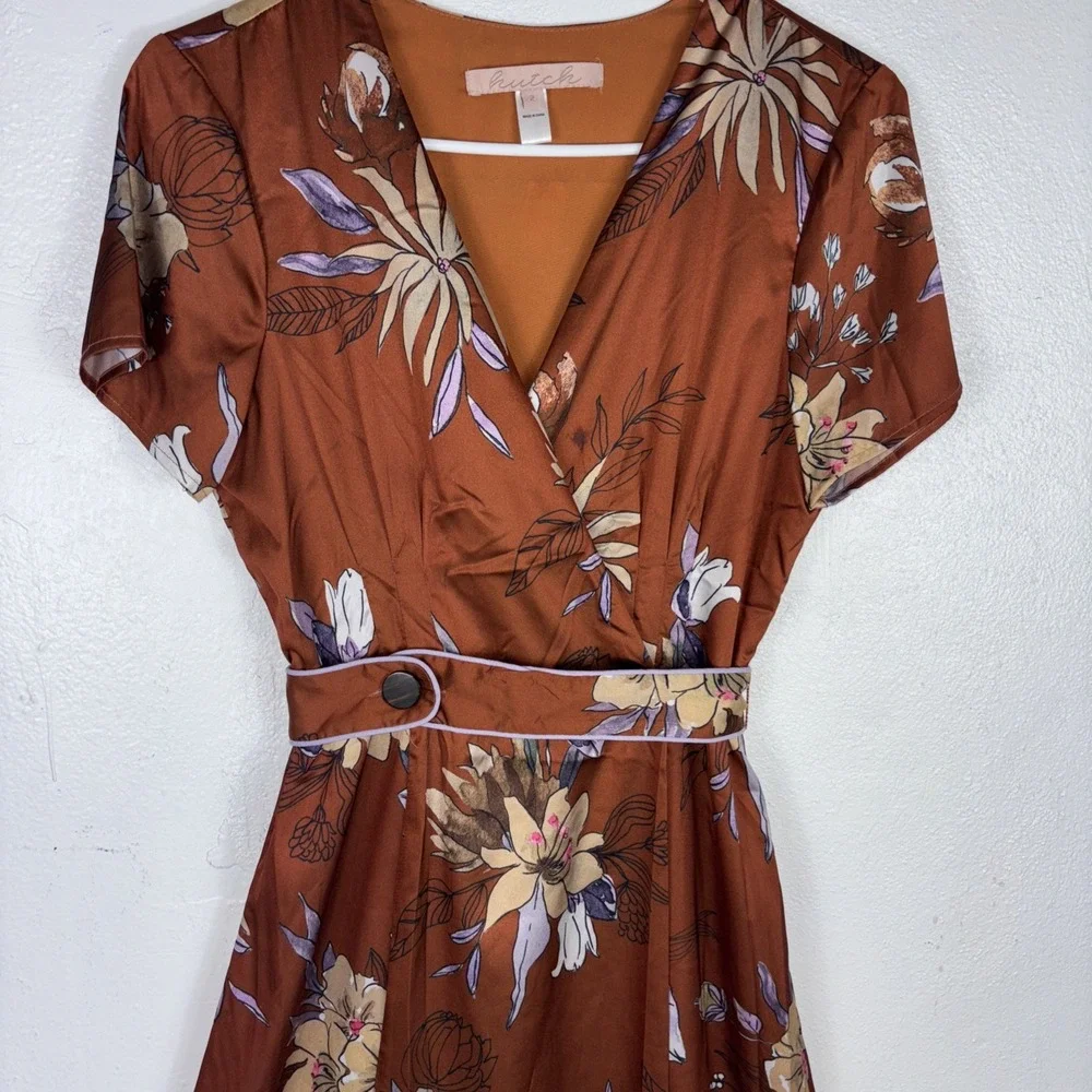 Hutch Anthropologie Women's Floral Belted Brown Maxi Dress Short Sleeves Size‎ 2 - Picture 2 of 10